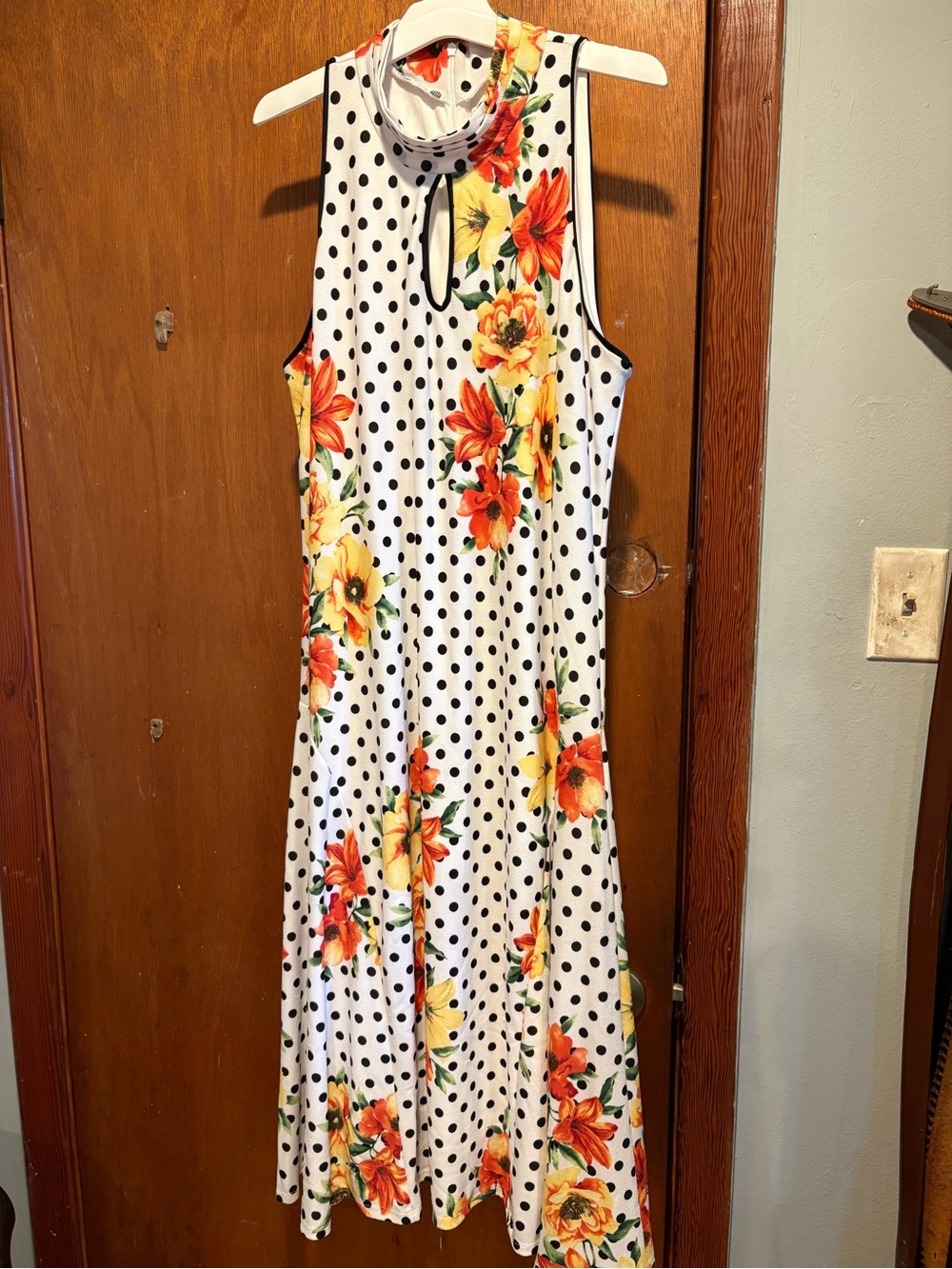 Sleeveless White Polka Dot Maxi Dress with Orange & Yellow Floral Print